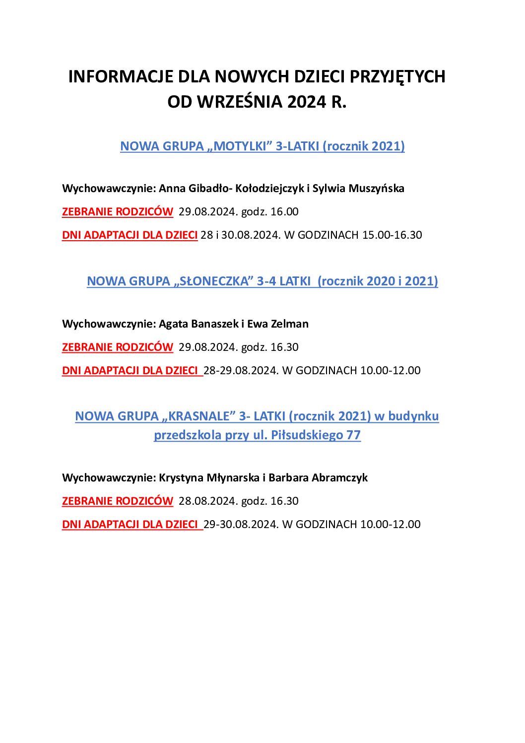 Informację dla rodziców dzieci przyjętych do nowych grup od września 2024 r.