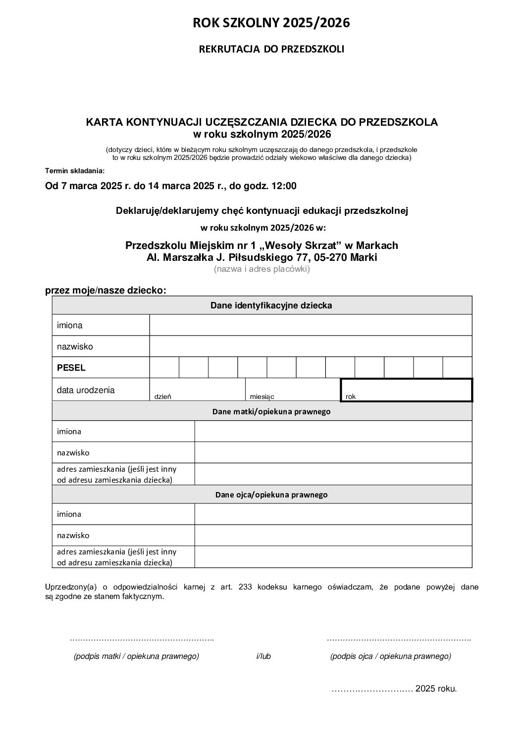 Karta kontynuacji uczęszczania dziecka do przedszkola w roku szkolnym 2025/2026